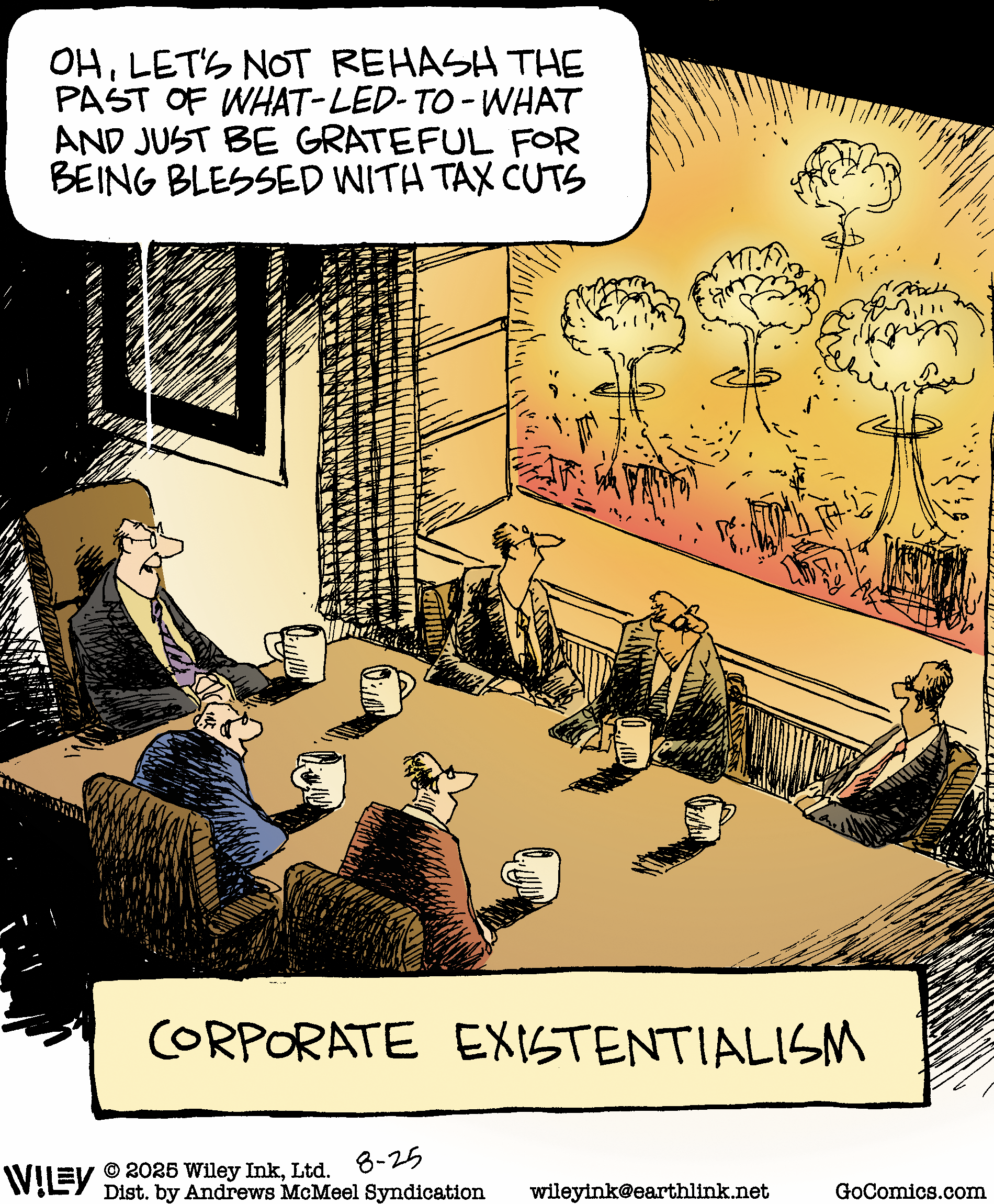 Cartoon depicting a corporate meeting with six men seated around a table, discussing tax cuts. The background features an abstract painting of trees. The caption humorously addresses corporate existentialism while emphasizing a reluctance to discuss past decisions.