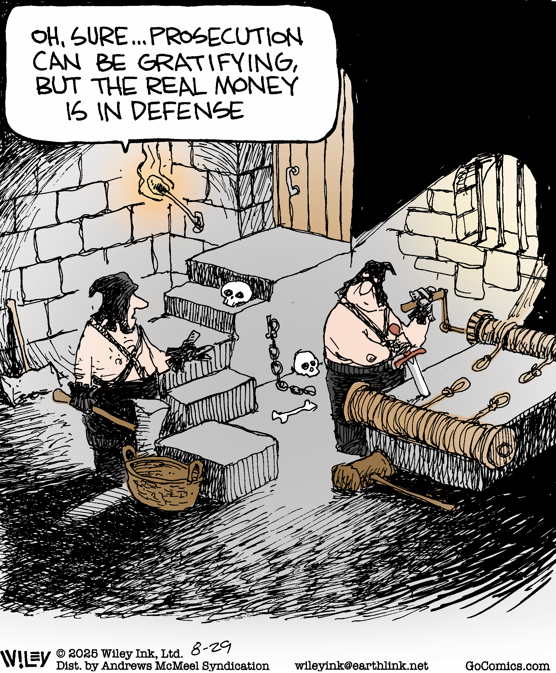 Cartoon depicting two characters in a dungeon-like setting discussing the legal profession. One character, holding a sword, comments on the financial benefits of defense work compared to prosecution. The scene includes skulls, chains, and other dungeon elements, emphasizing the dark humor surrounding the legal system.