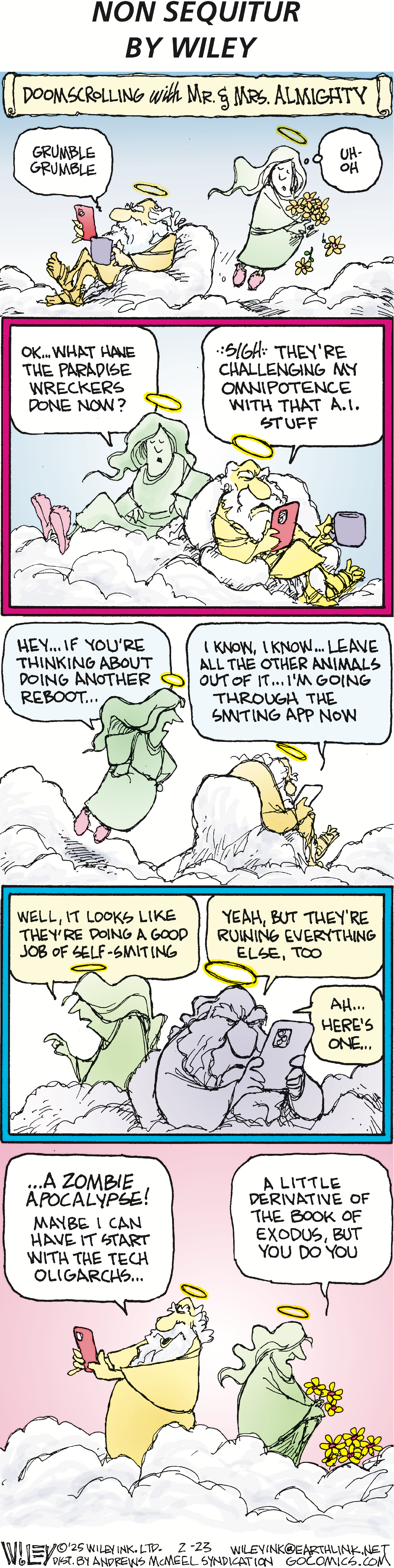 Cartoon depicting Mr. and Mrs. Almighty discussing current events while sitting on clouds. Mr. Almighty is doomscrolling on his phone, while Mrs. Almighty is holding flowers. They humorously contemplate a reboot of the world involving a zombie apocalypse related to tech oligarchs, showcasing a blend of divine humor and modern concerns.