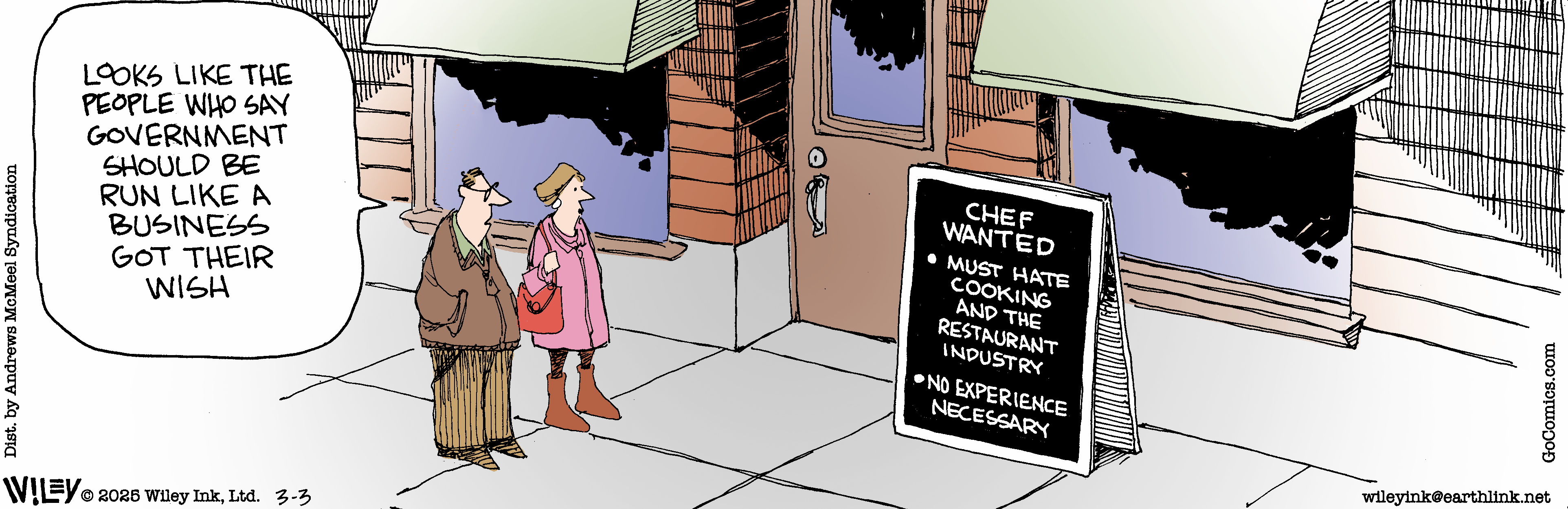 A cartoon depicting two people standing outside a restaurant with a humorous 