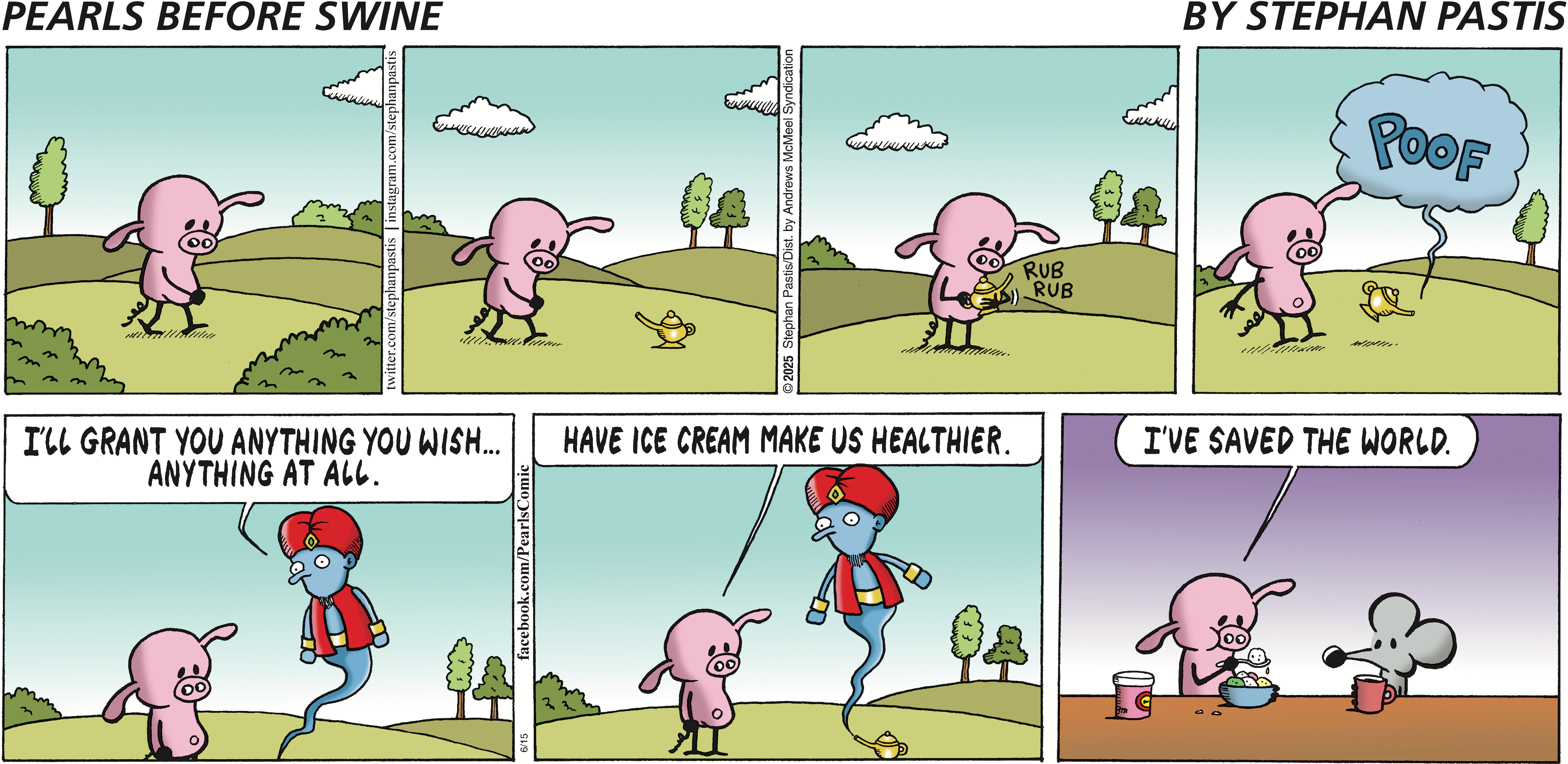 A humorous comic strip featuring a pink character wishing for healthier ice cream, interacting with a whimsical genie in a colorful outdoor setting. The comic captures a playful exchange about food and health.