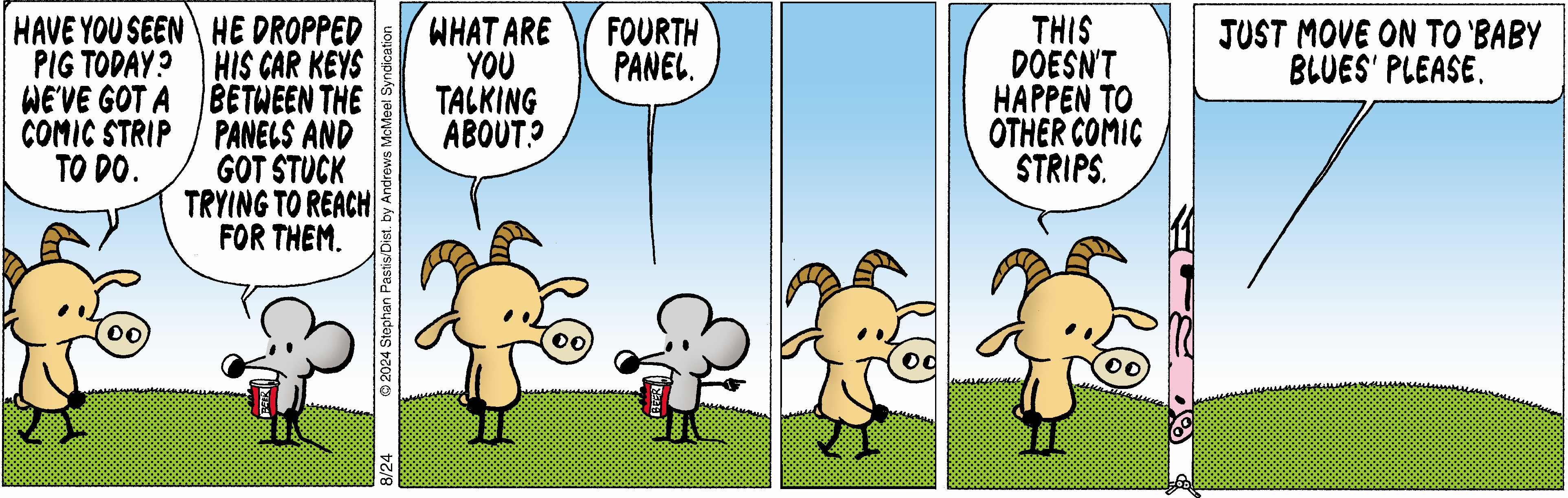 Comic strip featuring a goat and a mouse discussing a missing pig and car keys stuck between panels. The goat expresses frustration about the situation, while the mouse is confused. The final panel humorously suggests moving on to another comic strip, 