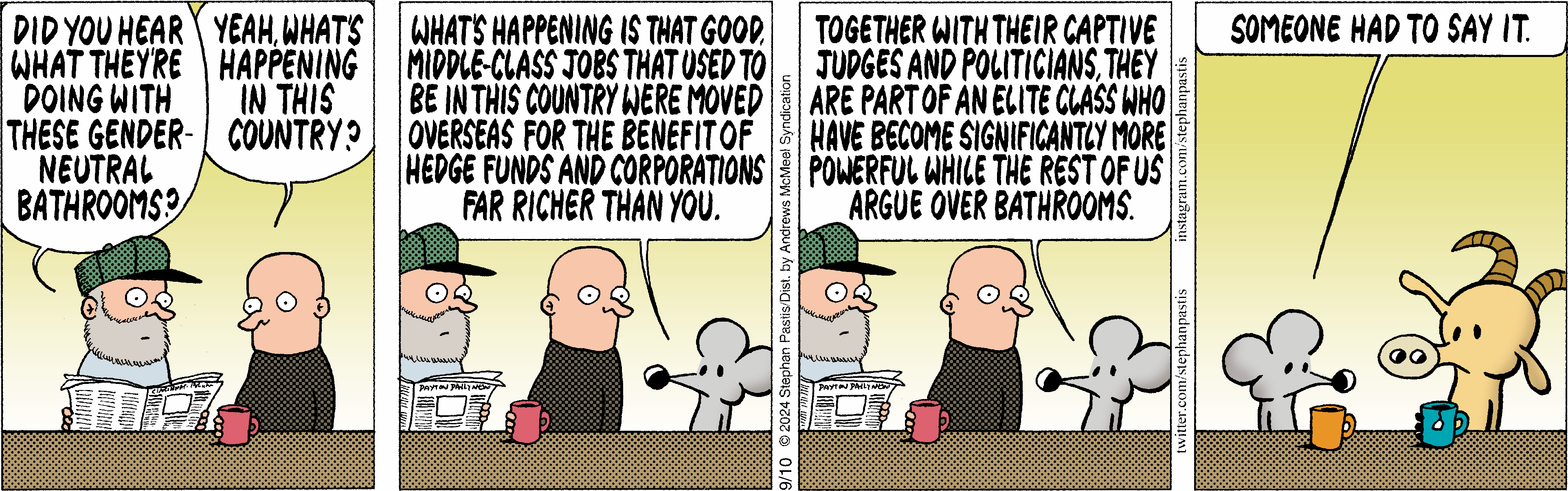 Two cartoon characters engage in a conversation about job loss and corporate influence. One character, a bald man, expresses concern over jobs moving overseas, while the other, a mouse, discusses the power dynamics involving judges and politicians. The comic highlights themes of economic inequality and political power struggles.