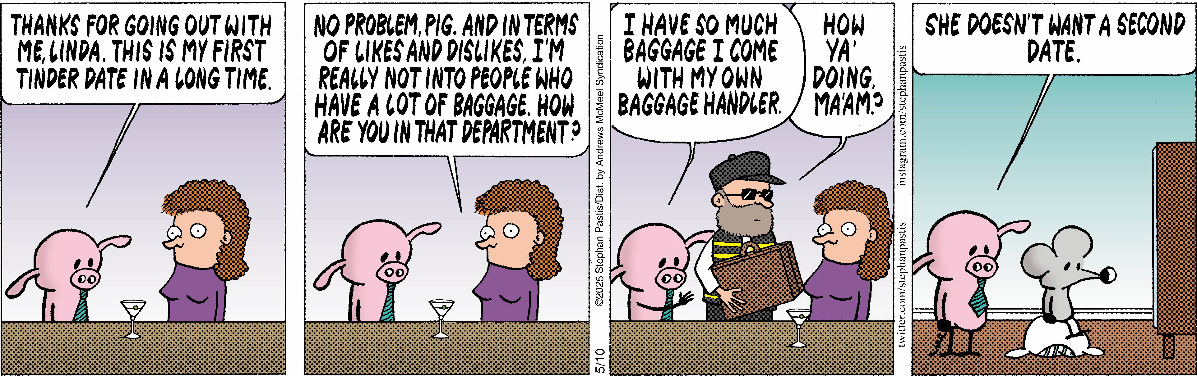 A cartoon featuring a pig and a woman discussing personal baggage in relationships. The woman expresses her preferences, while the pig humorously mentions having so much baggage that he requires a handler. The scene combines humor and relationship themes.