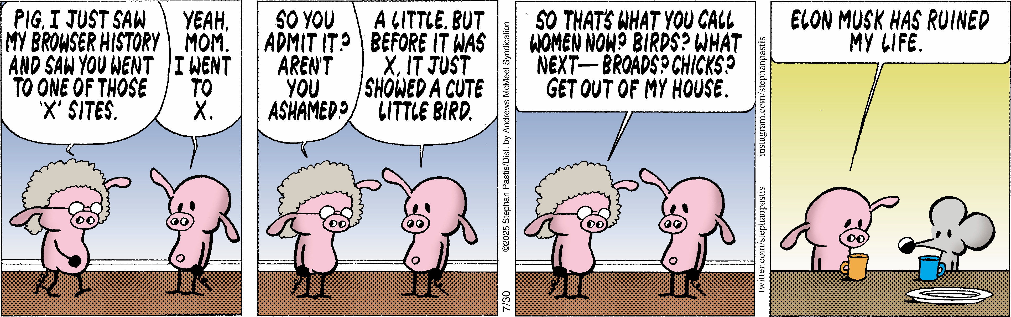Cartoon featuring a pig character and a woman with curly hair engaged in a humorous conversation about birds and women, highlighting a playful exchange of stereotypes.