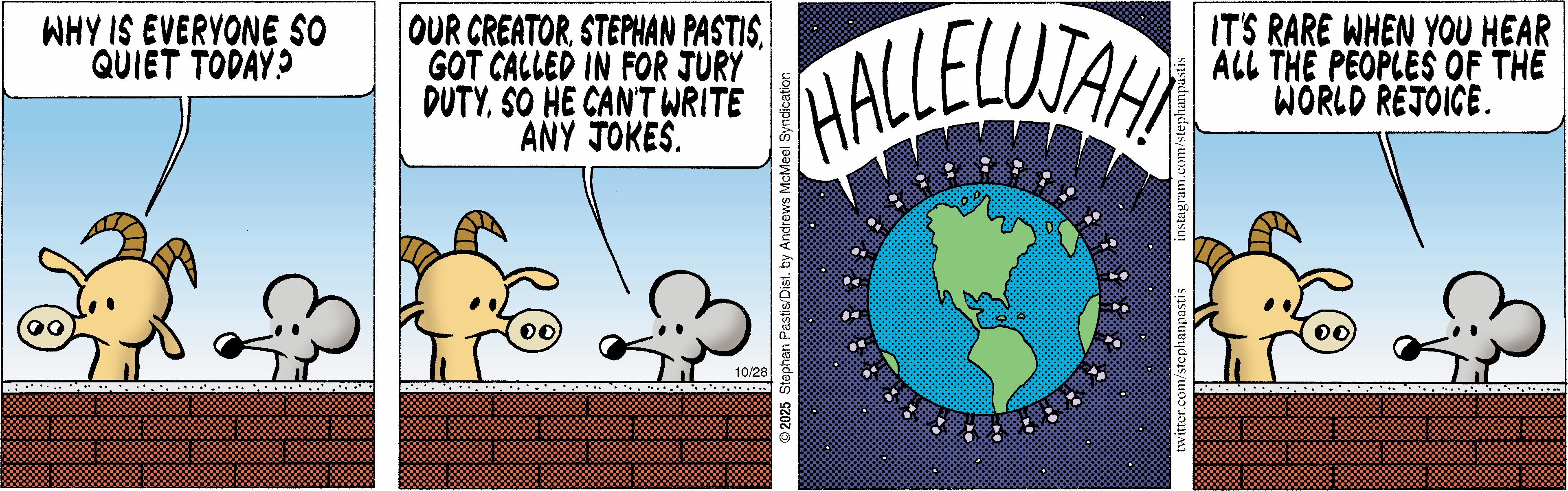 Cartoon illustration featuring a mouse speaking to a character about cartoonist Stephan Pastis being unable to write jokes while serving on jury duty. The second panel displays the word 
