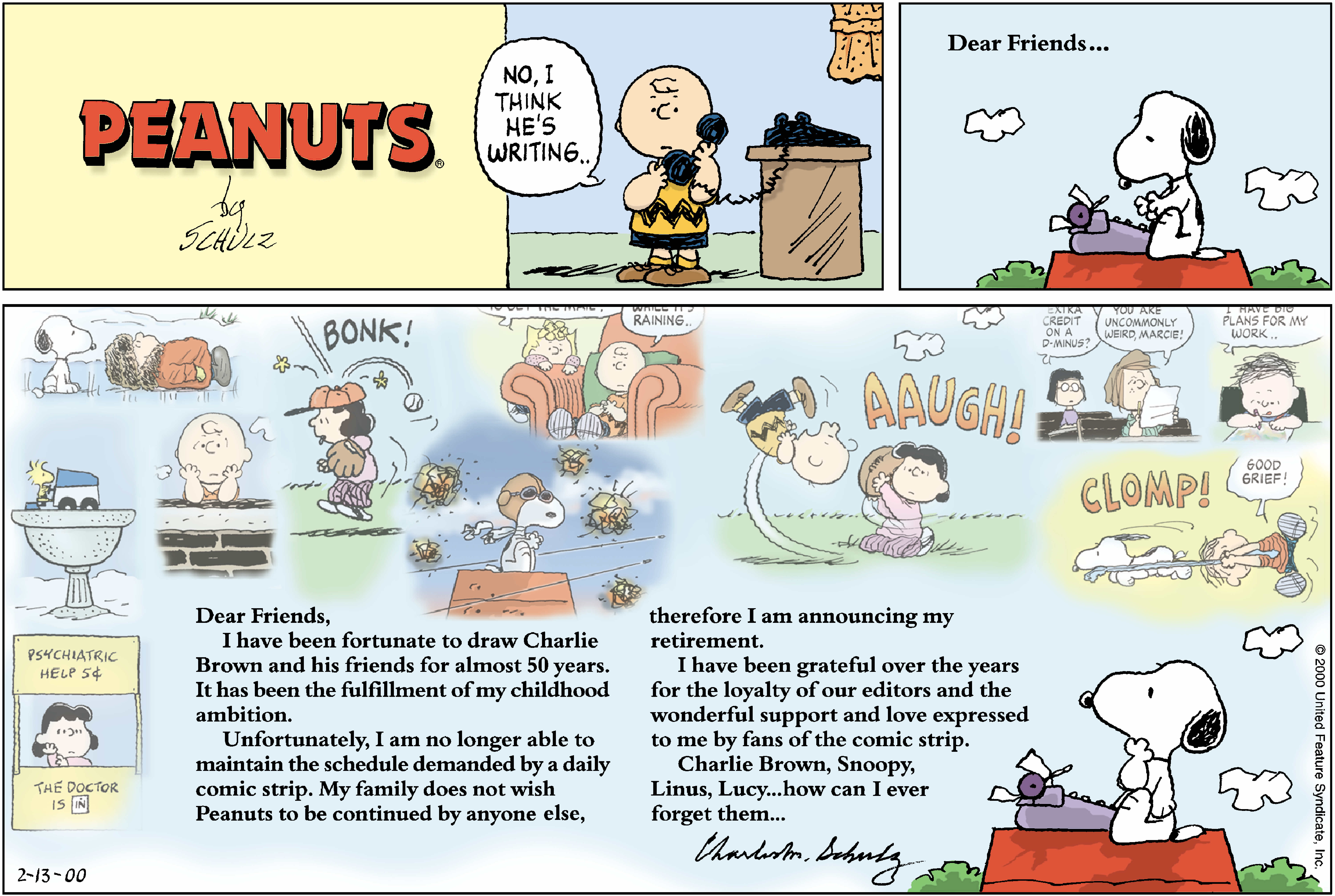 Peanuts comic strip by Charles Schulz featuring characters like Charlie Brown, Snoopy, and Lucy, expressing a farewell message as Schulz announces his retirement from creating the comic after nearly 50 years. The comic highlights nostalgic moments and emotional connections with fans.