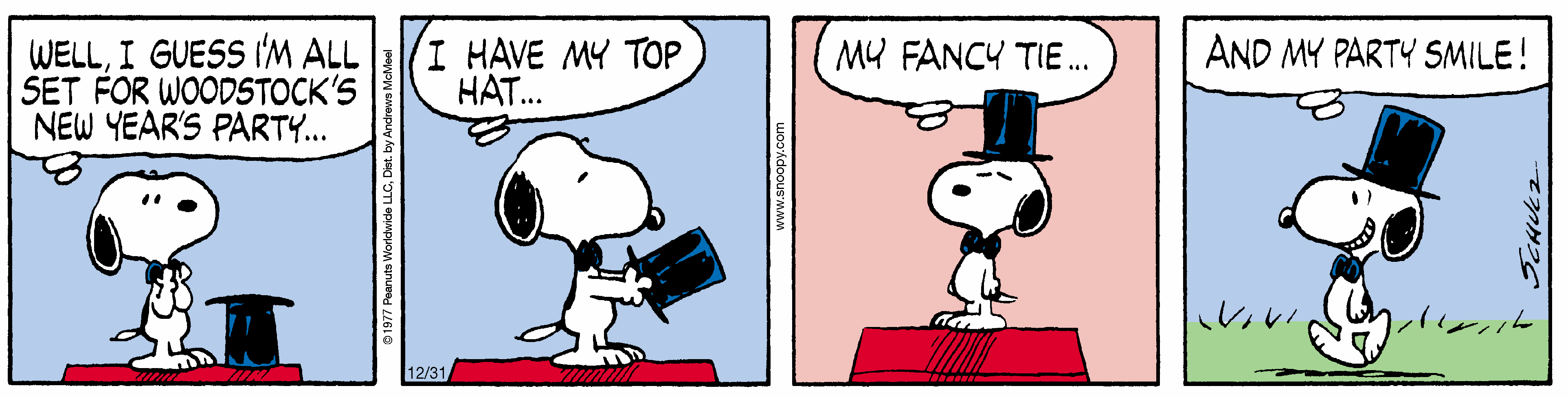Snoopy prepares for Woodstock's New Year's party, showcasing his festive top hat and bow tie while expressing excitement with a cheerful smile.