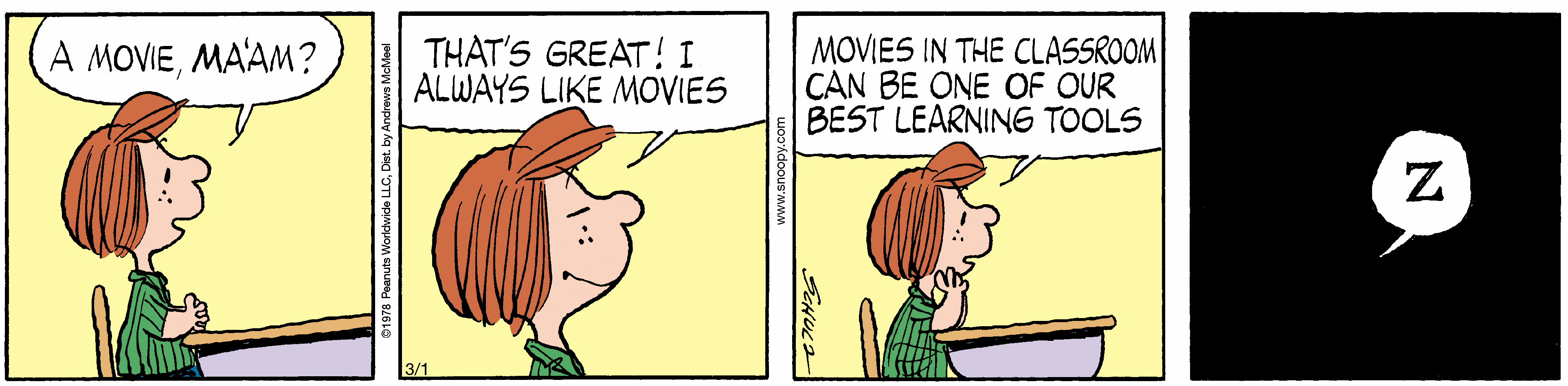 Peanuts comic strip featuring a child asking about a movie, expressing excitement about films as effective learning tools, followed by a humorous sleepy response.