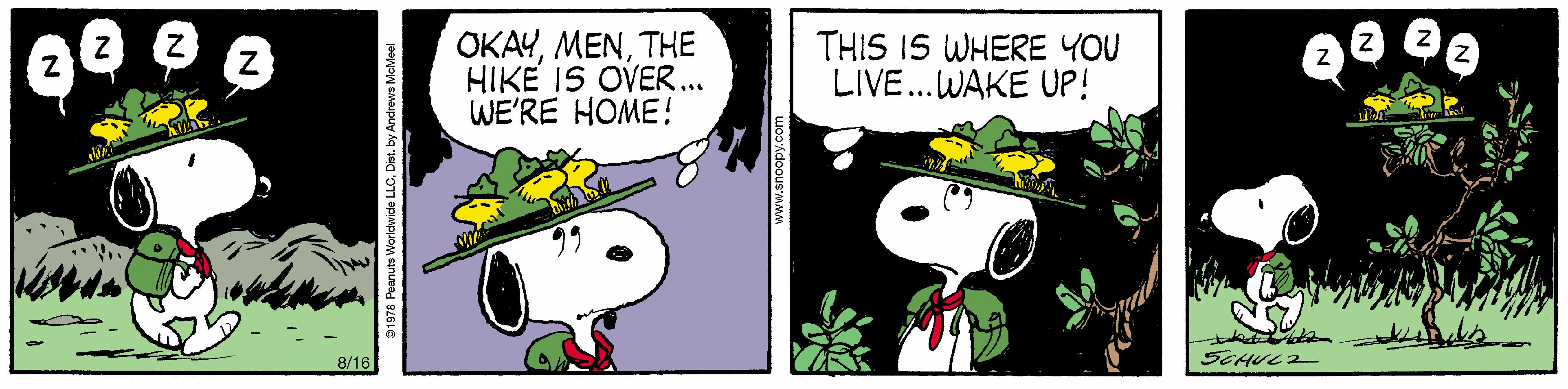 Snoopy and Woodstock in a comic strip, with Snoopy wearing a hat and expressing surprise about their home. The scene captures a whimsical moment in the Peanuts universe.