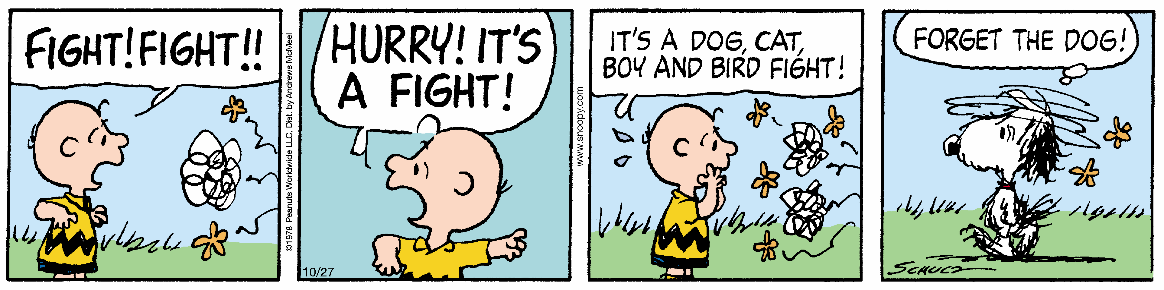 A comic strip featuring Charlie Brown excitedly announcing something important in the first panel, with a second panel showing him surprised and pointing, while expressing that it’s a dog boy and dog.