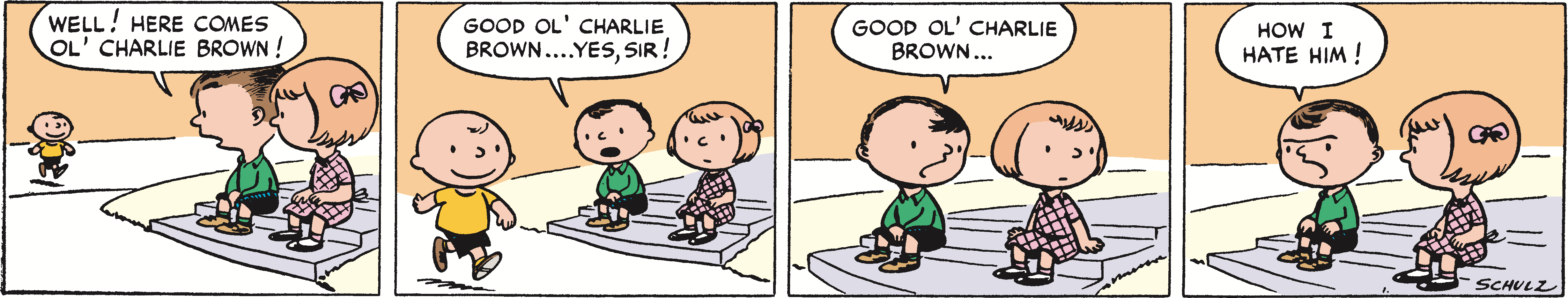 Charlie Brown cartoon panel featuring characters discussing their feelings about him. The scene shows kids sitting on steps, with one child joyfully announcing Charlie Brown's arrival, while others express mixed emotions. This classic Peanuts comic highlights themes of friendship and rivalry.