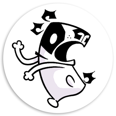 Cartoon character with a playful expression, featuring a black and white design, depicted in a dynamic pose with limbs extended, surrounded by sparkles, on a circular background.