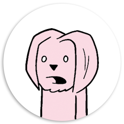 Cartoon illustration of a surprised pink dog with long ears and a simple facial expression, set against a circular white background.