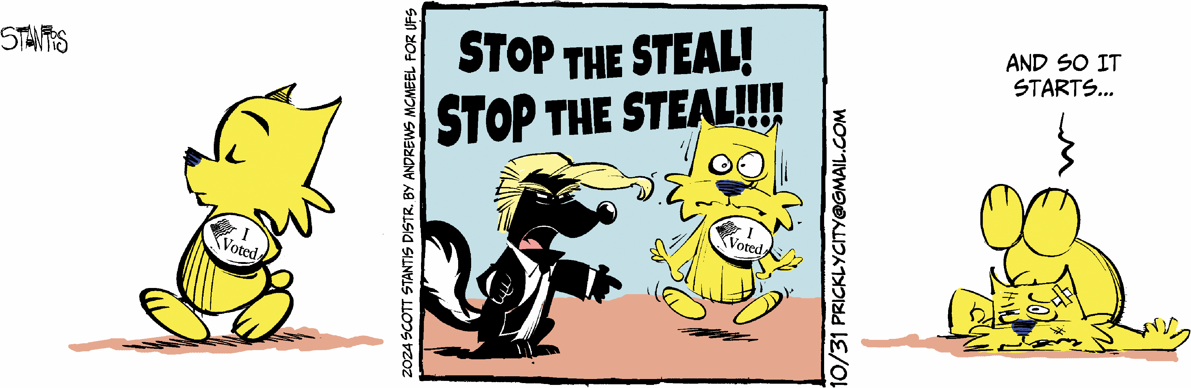 Cartoon featuring anthropomorphic animals discussing voting and election integrity. One character, wearing an 