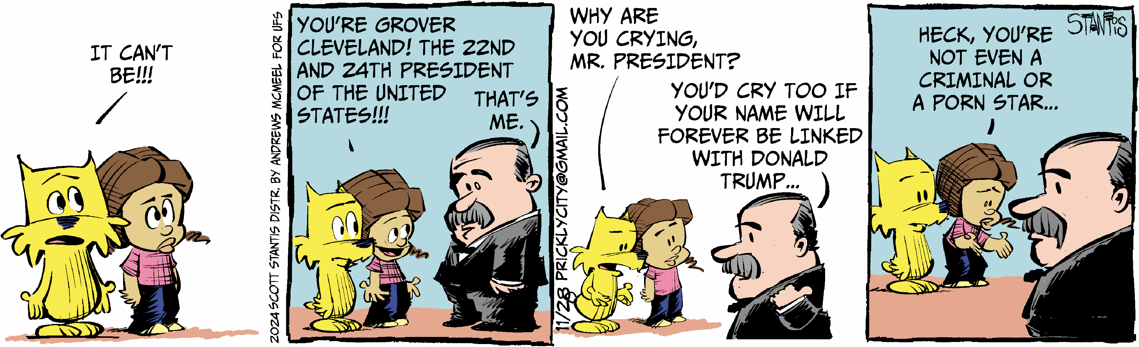 Cartoon featuring a yellow cat and two characters discussing Grover Cleveland, the 22nd and 24th President of the United States. One character expresses disbelief, while another comments on the president's association with Donald Trump, adding humor to the historical context.