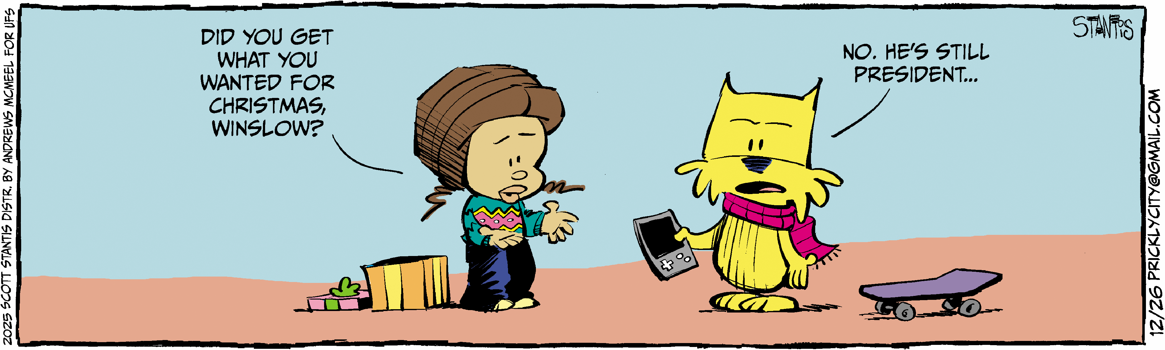 Cartoon featuring a child named Winslow asking a dog about Christmas gifts, while the dog responds about the current president, highlighting a humorous political commentary. The scene includes holiday-themed decorations and a playful atmosphere.