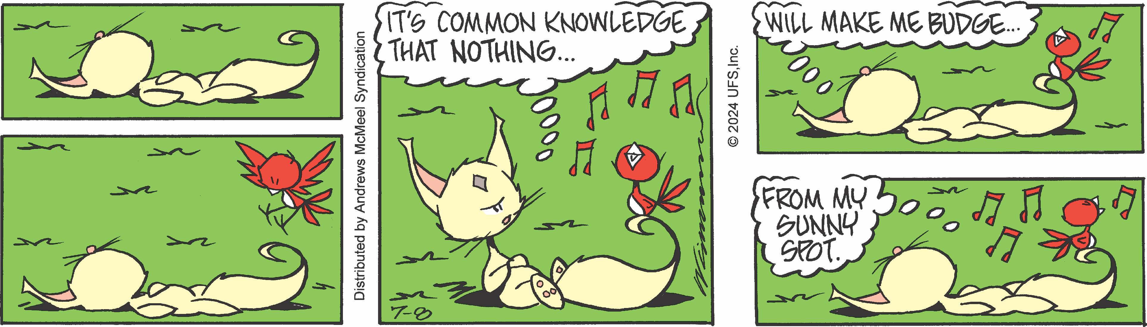 Cartoon featuring a contemplative cat lying in the grass, with a small bird nearby singing. The cat appears to be in deep thought, reflecting on a philosophical notion. The image combines humor and whimsy, highlighting the playful interaction between the cat and the bird.