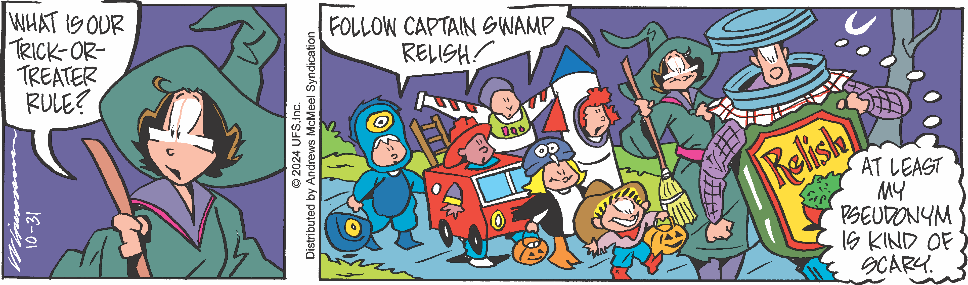 A humorous comic strip featuring children in various costumes, including a witch and a superhero, discussing their trick-or-treating rules. The scene includes a character dressed as Captain Relish, adding a playful twist to Halloween traditions.