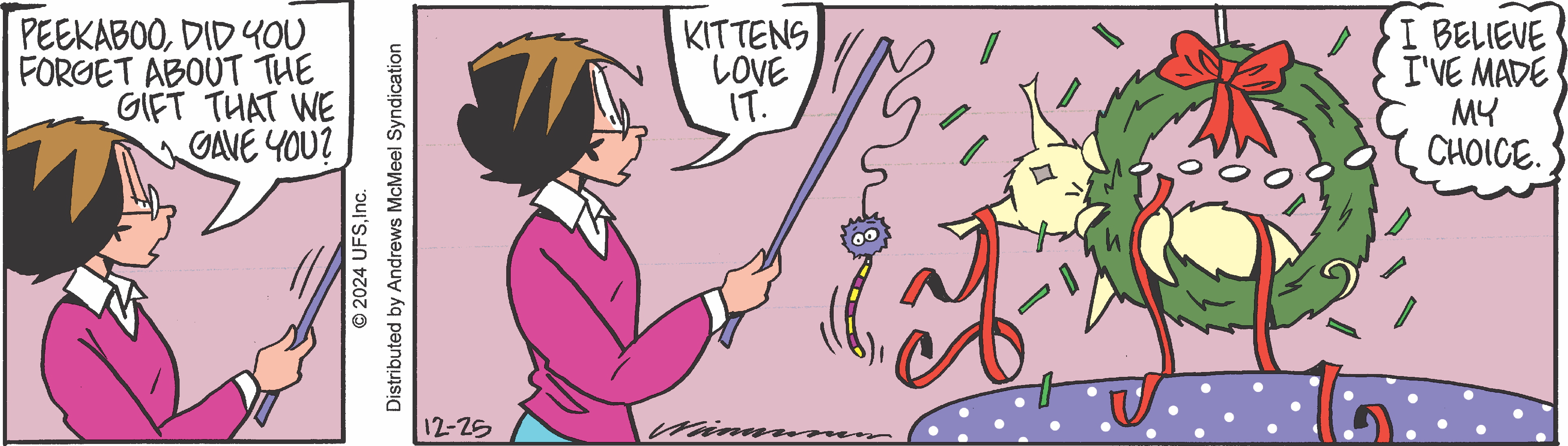 A cartoon featuring a woman holding a gift and speaking about a present given to a kitten, who is playing with a festive wreath decorated with a bow. The scene includes colorful confetti and a playful atmosphere, highlighting the joy of giving and celebrating during the holiday season.