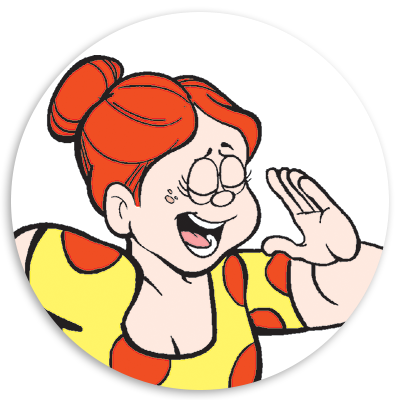 Cheerful cartoon character with red hair and glasses, wearing a yellow shirt with red polka dots, smiling and waving.
