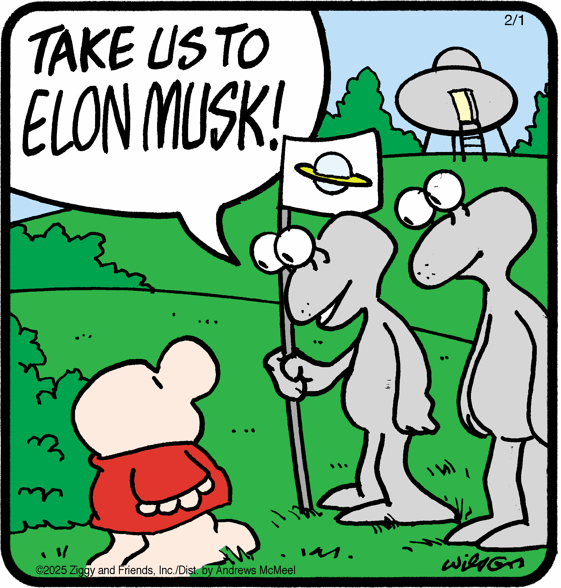Cartoon depicting two aliens holding a sign requesting to be taken to Elon Musk, while a human character looks on in surprise. A UFO can be seen in the background, set in a grassy landscape.