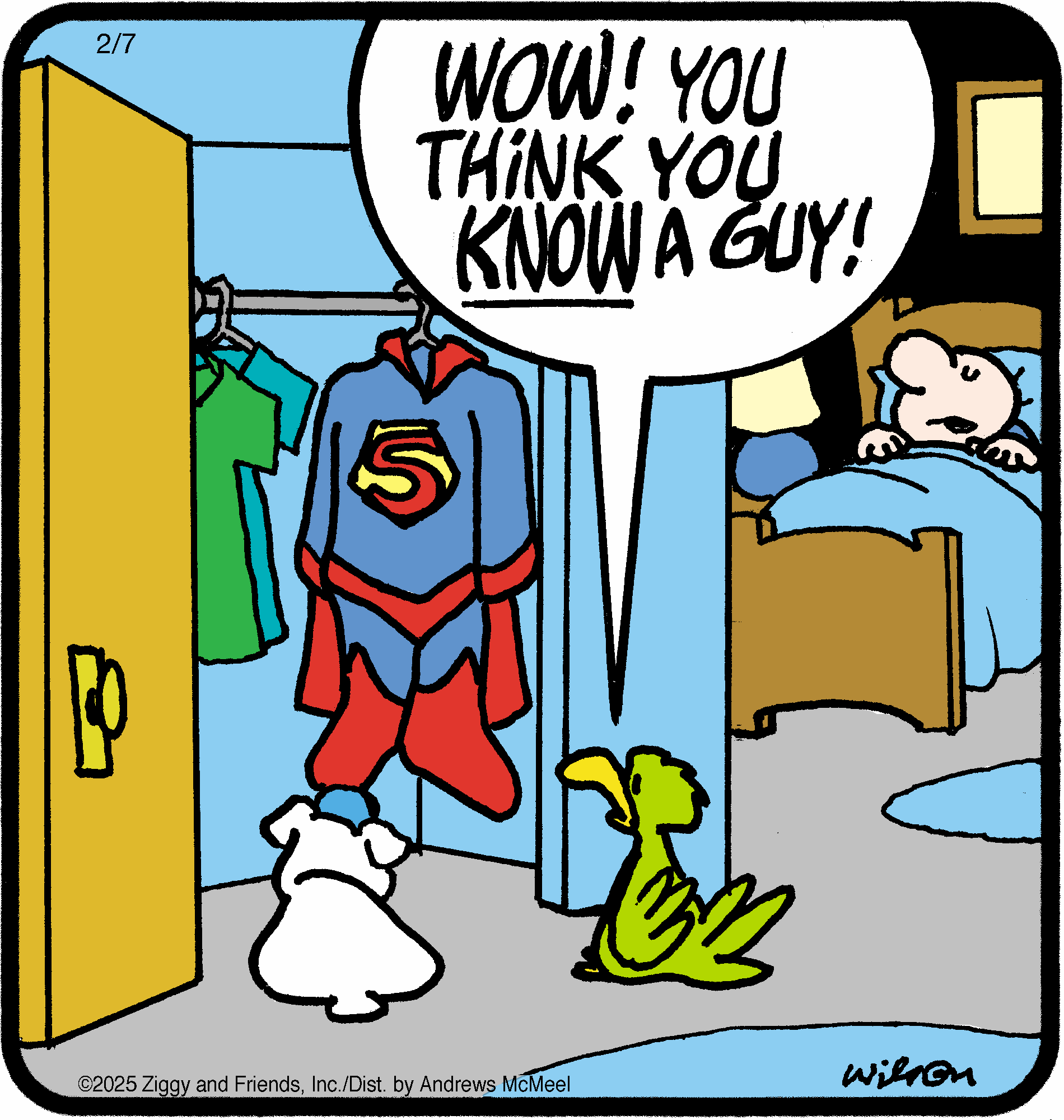 Cartoon featuring two animated pets, a dog and a bird, looking surprised at a superhero costume hanging in a closet. The dog appears shocked, while a character in bed expresses disbelief. The scene humorously captures the theme of unexpected revelations about friends.
