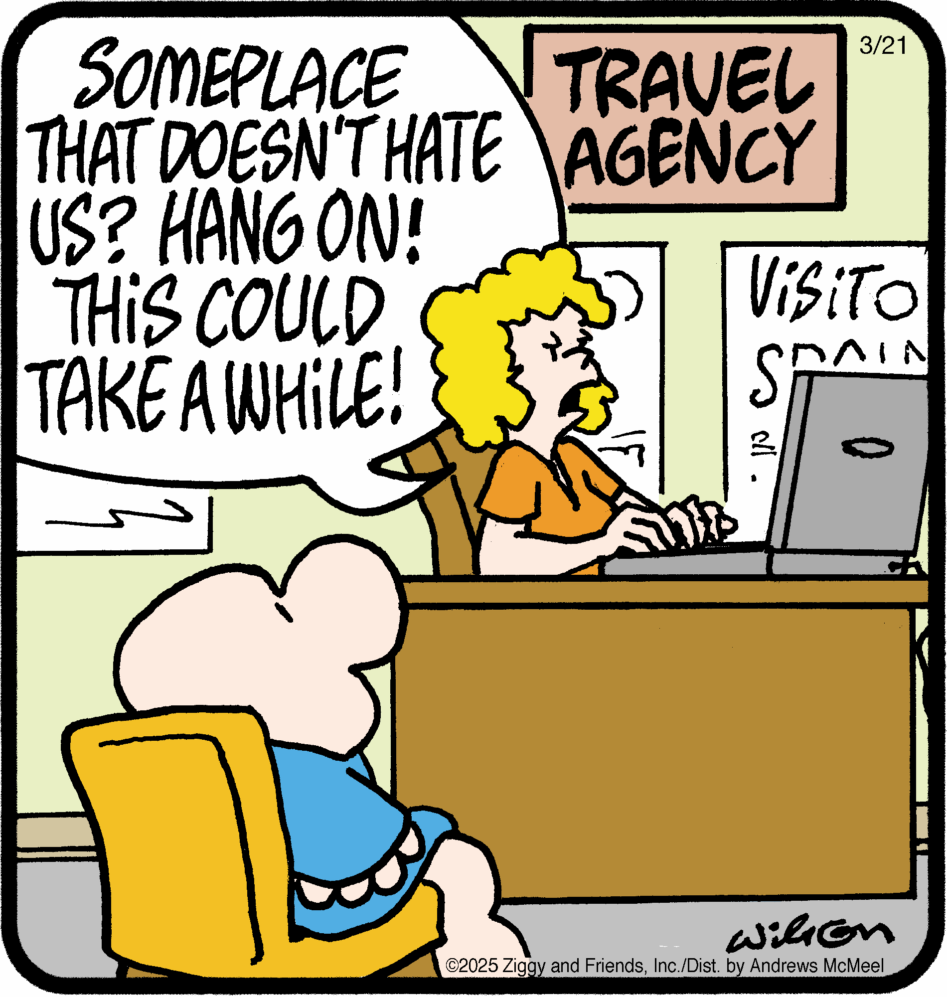 Cartoon depicting a travel agency scene, where a frustrated travel agent with curly hair types on a computer while a character with a round head sits in a chair, expressing concern about finding a friendly vacation destination. The image highlights the humorous challenges of travel planning.