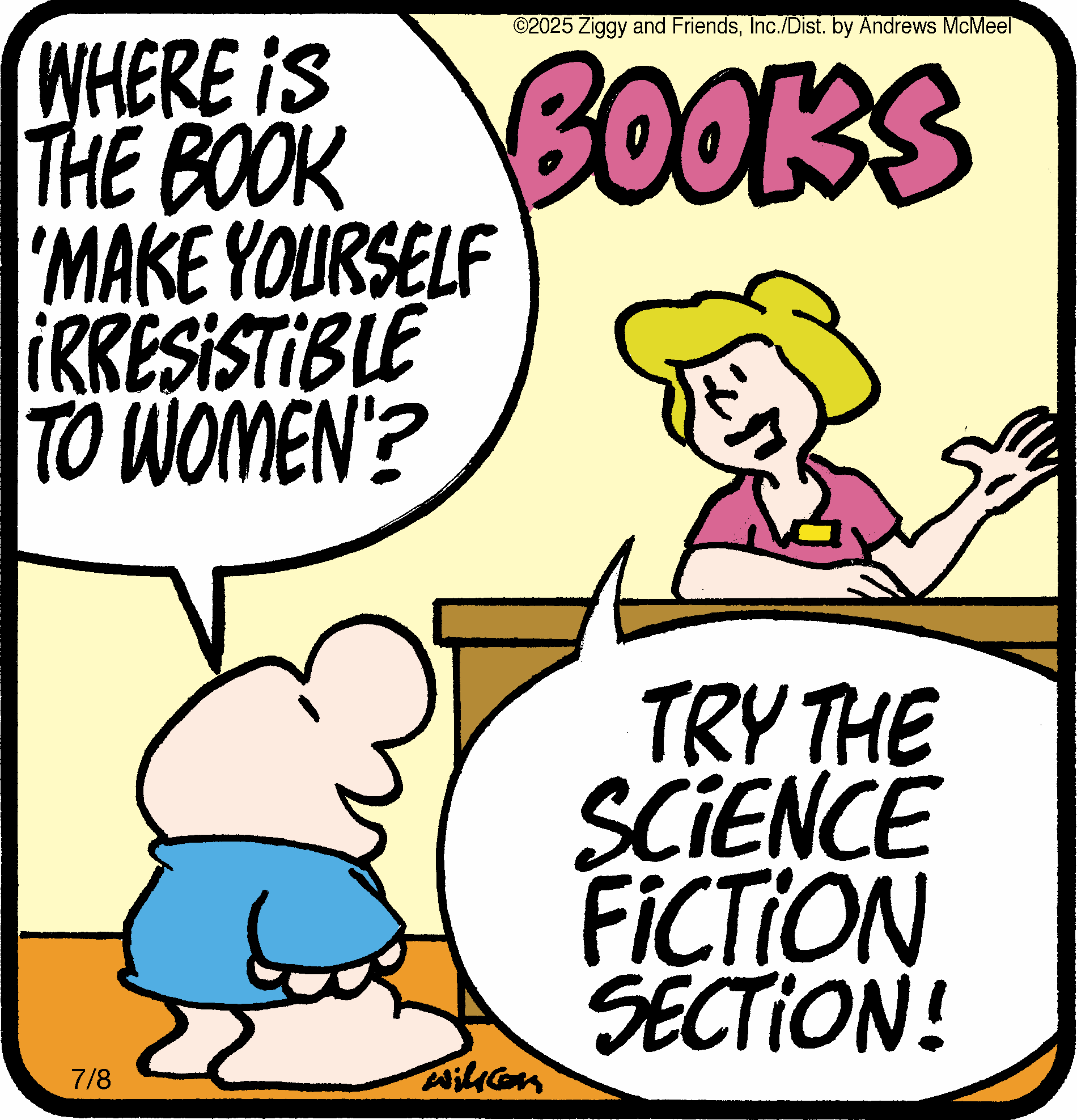 A cartoon depicting a man asking a bookstore employee for the book 