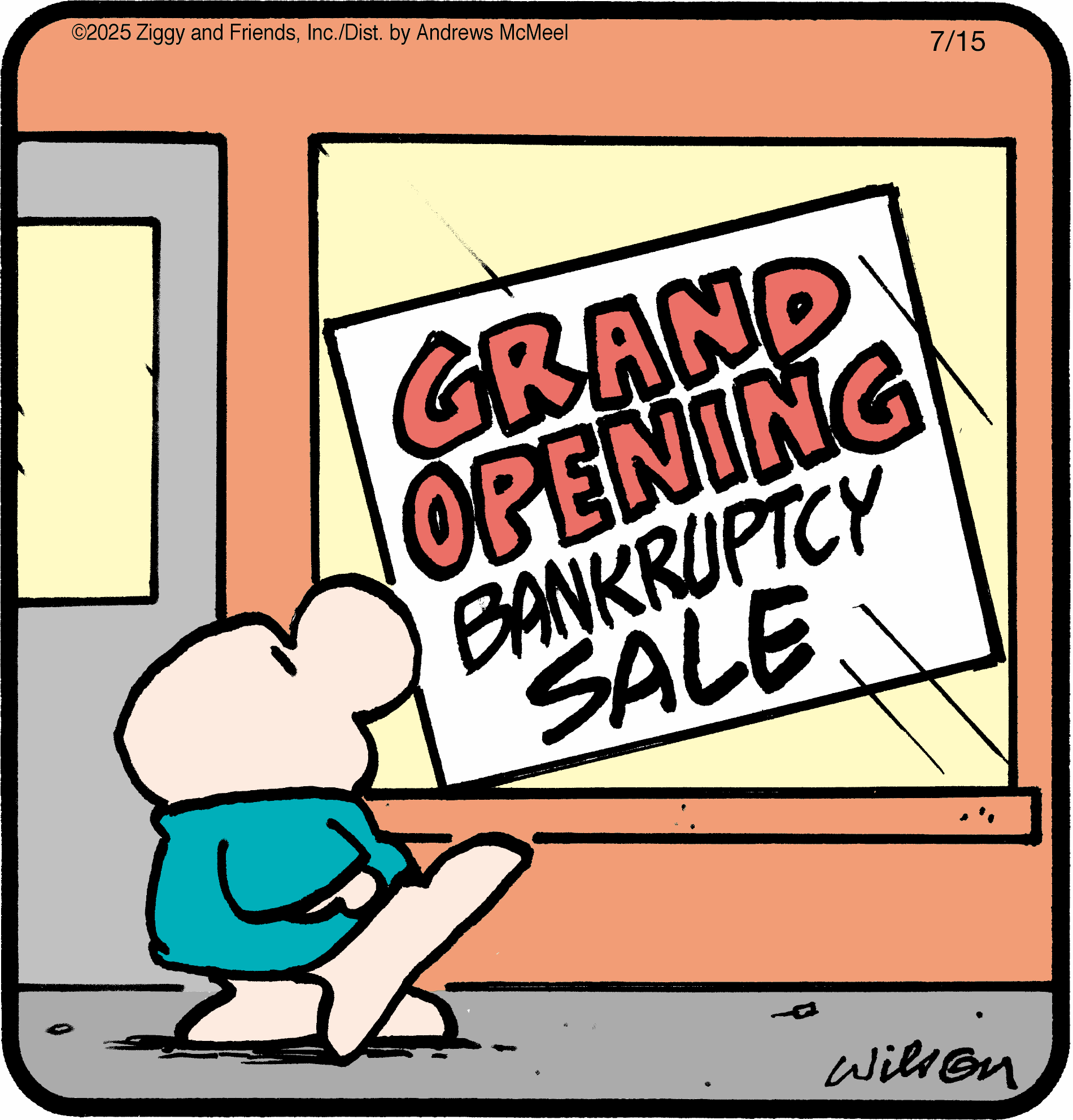 Cartoon character observing a storefront sign announcing a grand opening and bankruptcy sale, highlighting a humorous juxtaposition of new beginnings and financial struggles.