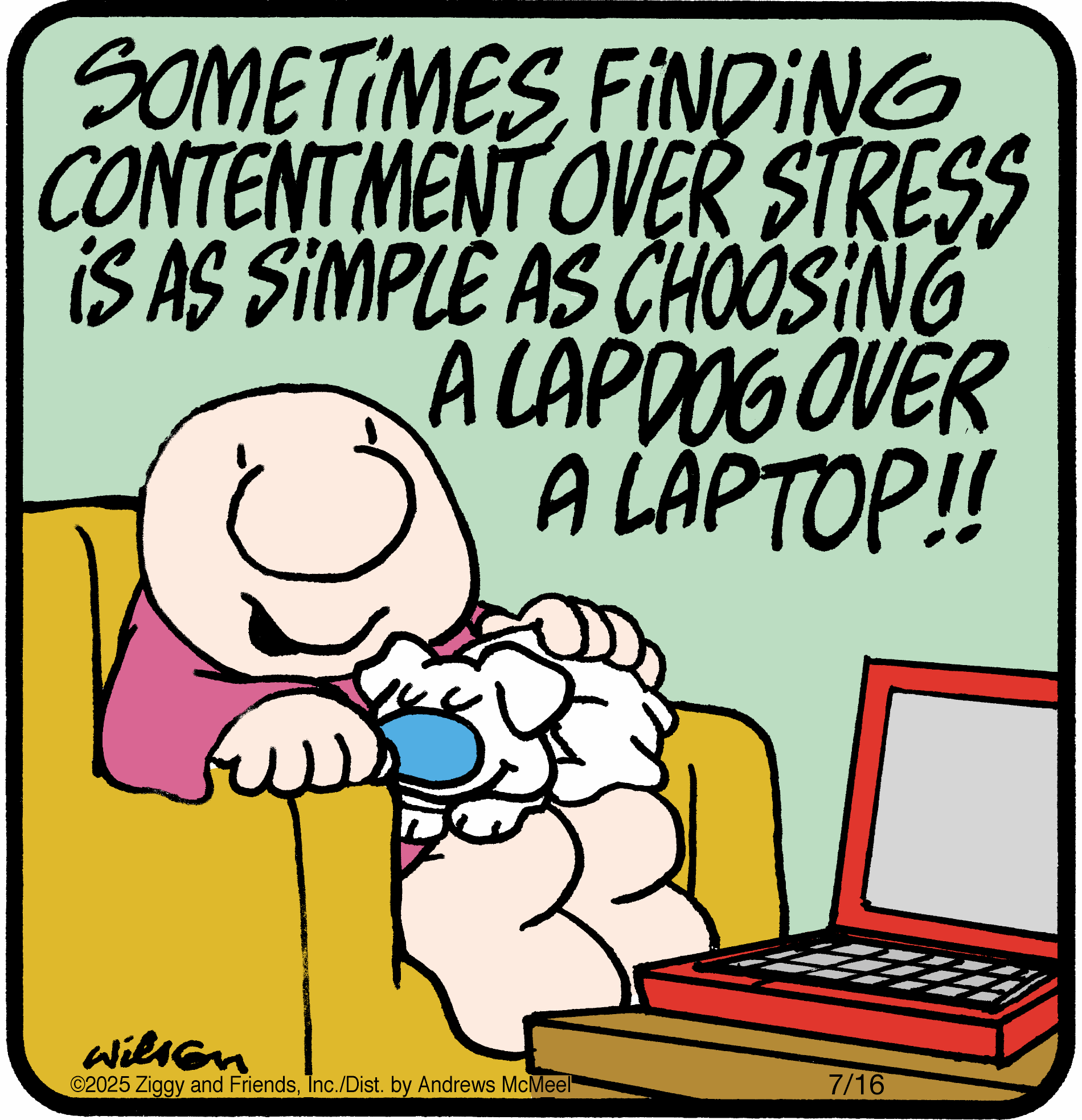 A cartoon character sitting on a couch, smiling while holding a small dog, with a laptop nearby. The text emphasizes the importance of choosing companionship and contentment over technology and stress.