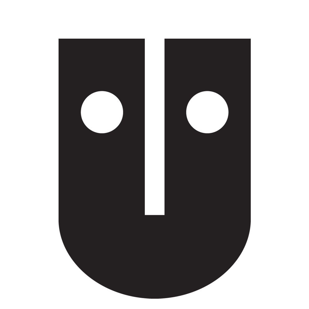 Minimalist black logo featuring two circular eyes and a U-shaped mouth, representing a friendly and modern design. Ideal for branding or digital projects.