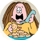 Cartoon girl with long hair excitedly eating cookies from a blue bowl, holding a spoon in one hand.