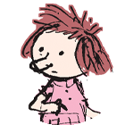 Illustration of a young girl with short, messy red hair wearing a pink dress, looking thoughtfully to the side. The character features a simple, hand-drawn style, emphasizing a playful and whimsical vibe.