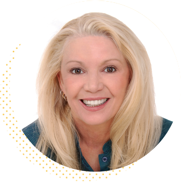 Smiling woman with long blonde hair and a teal shirt, set against a white background in a circular frame.
