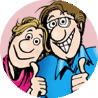 Cartoon illustration of a smiling couple giving thumbs up, with the woman in a pink top and the man in a blue shirt, set against a light pink background.