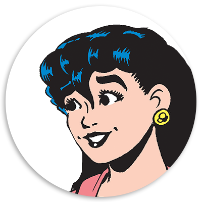 Illustration of a young woman with dark hair and a playful smile, wearing a pink top and yellow earrings, set against a circular background.