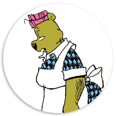 Cartoon bear character wearing pink curlers and an apron, with a tired expression, set against a circular white background.