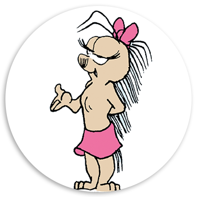Cartoon character with long hair and a pink bow, wearing a pink skirt, standing with a confident pose against a circular background. Ideal for children's media or animated content.