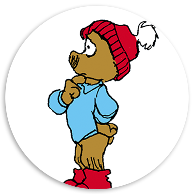 Cartoon bear character wearing a red knitted hat and blue sweater, standing with a thoughtful expression. Ideal for children's content and storytelling themes.