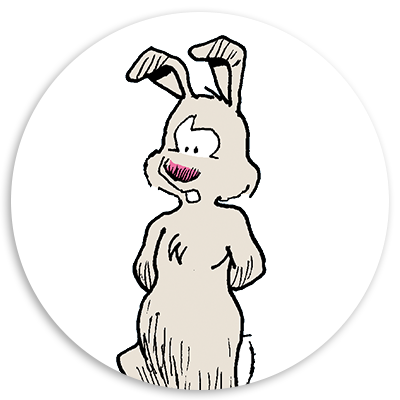 Cartoon rabbit character standing upright with a playful expression, featuring long ears and a fluffy tail, set against a circular white background. Ideal for children's content or Easter-themed illustrations.