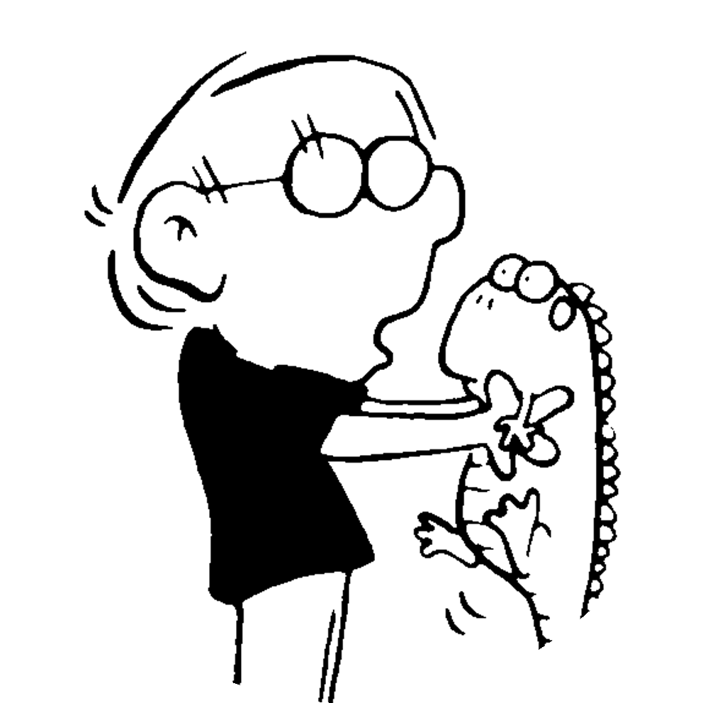 A cartoon character with glasses interacts excitedly with a small dinosaur, showcasing a playful moment. The illustration features bold lines and a simple black-and-white design, emphasizing the whimsical nature of their friendship.