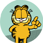 Cartoon character Garfield, an orange cat with a mischievous expression, stands with one paw raised, set against a light green circular background.