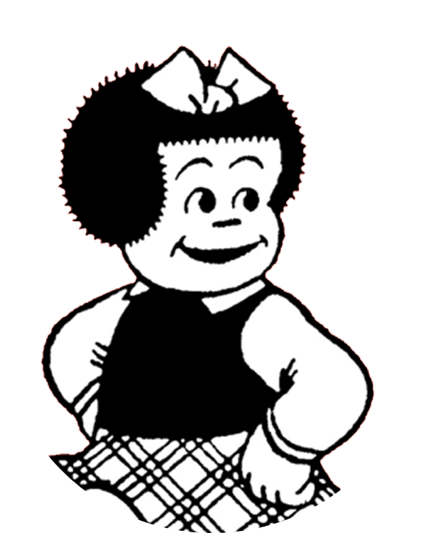 Cartoon character with curly hair and a bow, wearing a black top and plaid skirt, smiling and posing with hands on hips.