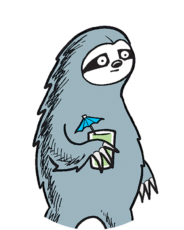 Cartoon sloth holding a green drink with a small umbrella, looking contemplative against a light background. Ideal for representing relaxation and leisure themes.