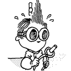 Cartoon character with spiky hair and oversized glasses, holding a science experiment tool, looking surprised or anxious, representing a playful approach to learning about science.
