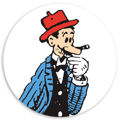 Illustration of a character with a long nose, dressed in a blue suit and a red hat, holding a cigar and looking thoughtful, set against a white circular background.