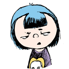 Illustration of a young girl with blue hair and a skeptical expression, wearing a purple shirt featuring a cartoon character, showcasing a whimsical and expressive art style.