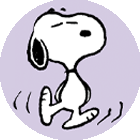 Snoopy, the iconic cartoon beagle from the Peanuts comic strip, happily walks with a carefree attitude against a light purple background.
