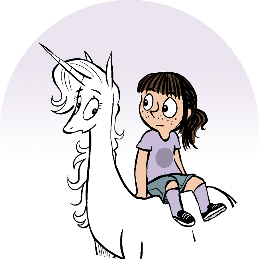 A young girl with freckles sits on the back of a cartoon unicorn, both looking curiously at each other. The girl wears a purple t-shirt and shorts, while the unicorn has a flowing mane and a distinctive horn. The background features a soft purple gradient.